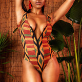 V-Neck African One Piece Swimsuit Push up Padded Zipper Monokini 2017 Women Swimwear Bathing Suits Summer Swimming Beach Suit