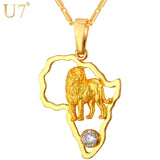 U7 Lion Pendant Necklace for Men Hollow Crystal Gold Color African Jewelry Women African Map Necklaces P783